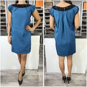 Marchesa Notte Teal Blue Black Jeweled Cocktail Dress $795